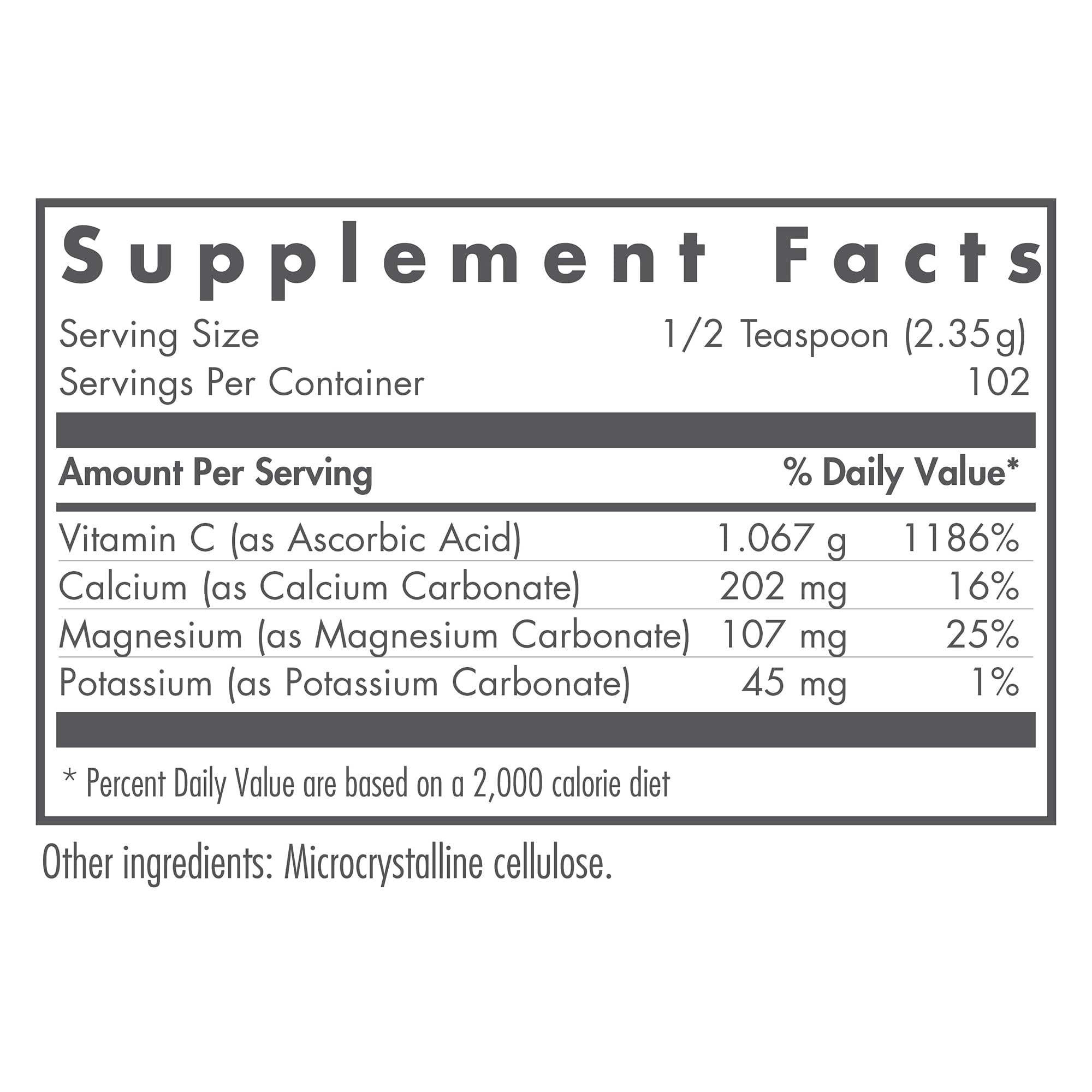 Allergy Research Group Nutricology Buffered Vitamin C Powder label details highlight high-purity formula.