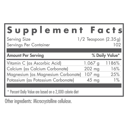 Allergy Research Group Nutricology Buffered Vitamin C Powder label details highlight high-purity formula.