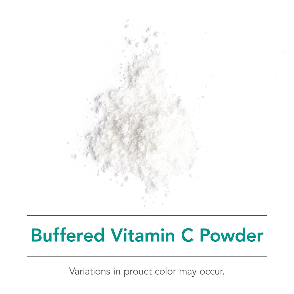 Allergy Research Group Nutricology Buffered Vitamin C Powder close-up shows fine, mixable powder.