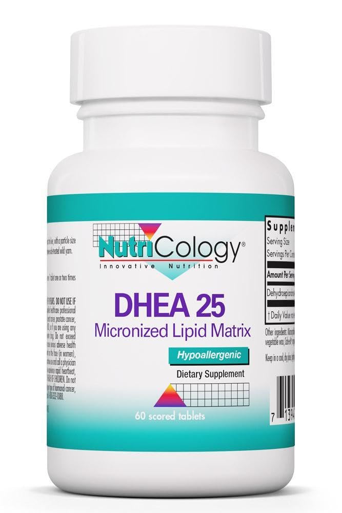 Allergy Research Group NutriCology DHEA 25mg tablet scored in bottle for daily use