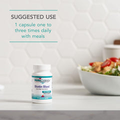 Vegetarian capsules pictured inside Nutricology HiBiotin container, easy daily intake