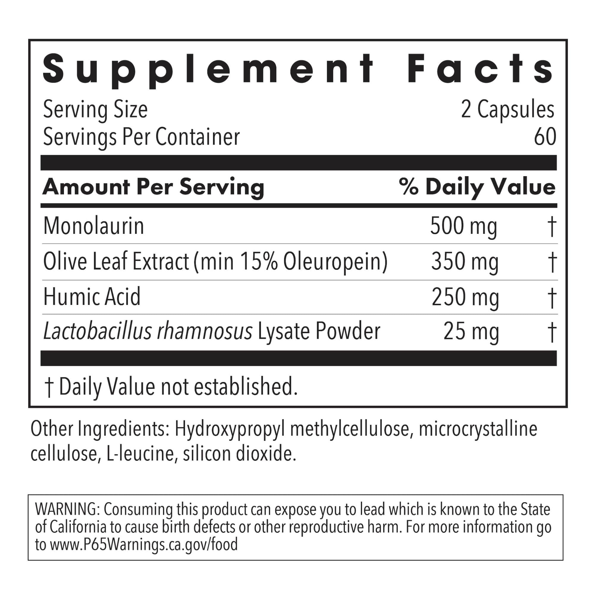 Ingredient panel of NutriCology Humic-Monolaurin Complex highlights key components