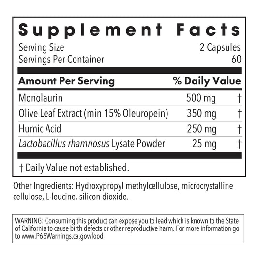 Ingredient panel of NutriCology Humic-Monolaurin Complex highlights key components