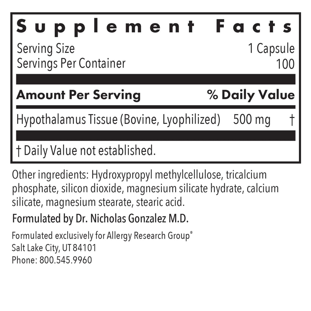 Nutricology hypothalamus lyophilized adrenal-pituitary blend label emphasis