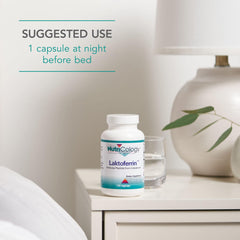 Nutricology lactoferrin bottle beside a glass suggests a simple nightly routine.