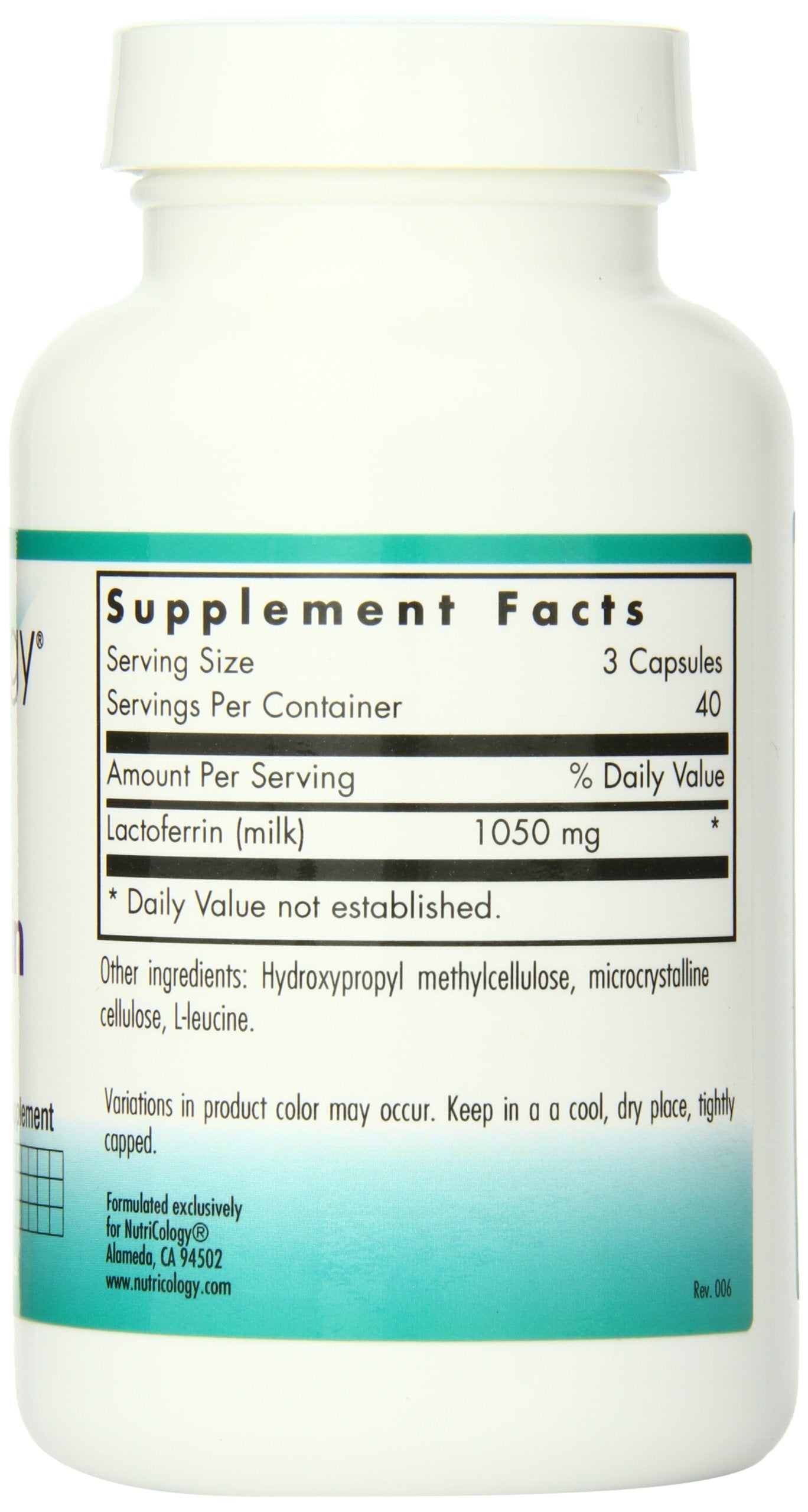 Nutricology lactoferrin label detail notes bovine colostrum lineage and hypoallergenic heritage.