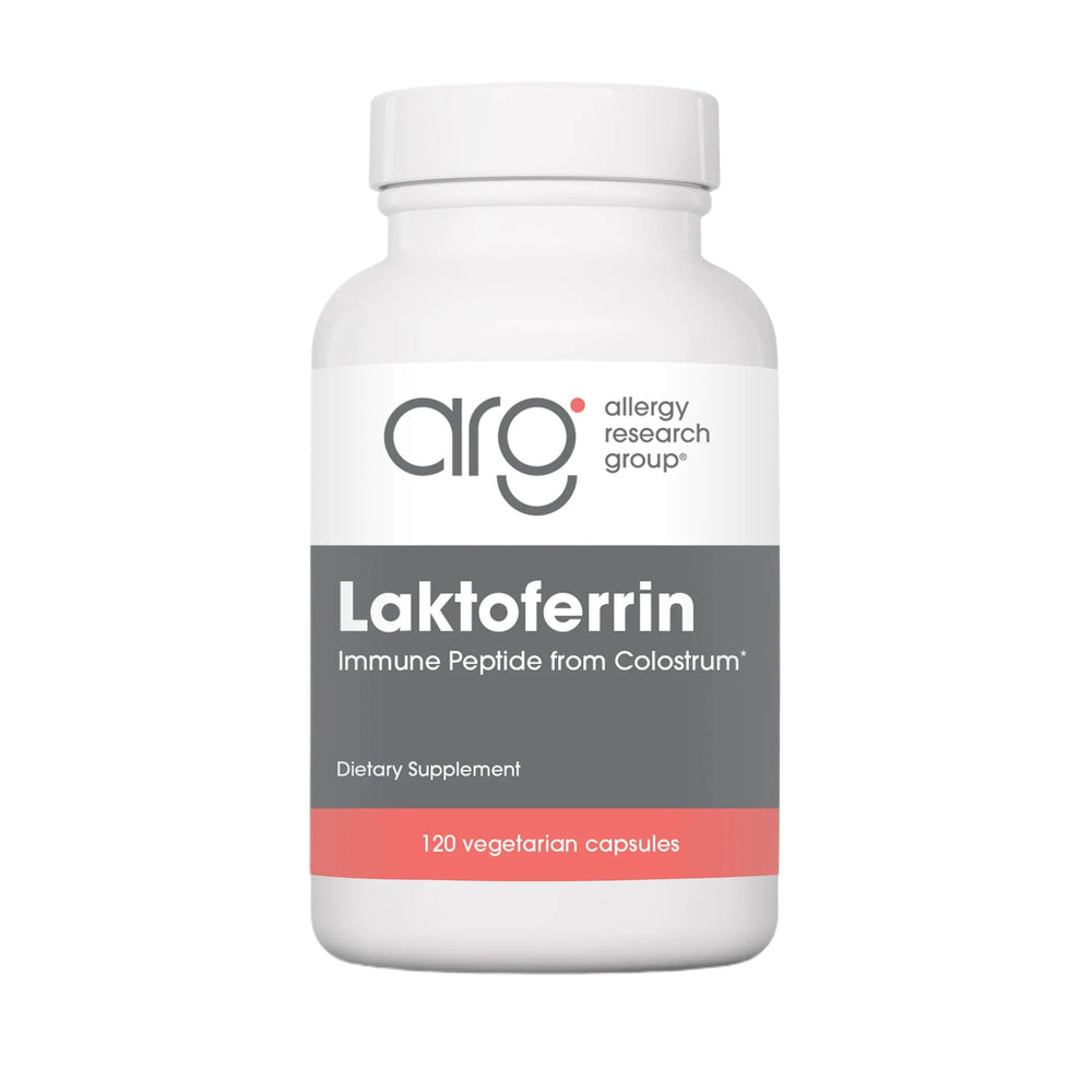 Allergy Research Group Nutricology lactoferrin supplement bottle supports iron binding and immune balance.