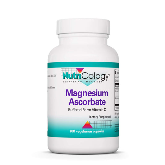 NutriCology Magnesium Ascorbate bottle front view promoting stomach-friendly vitamin C