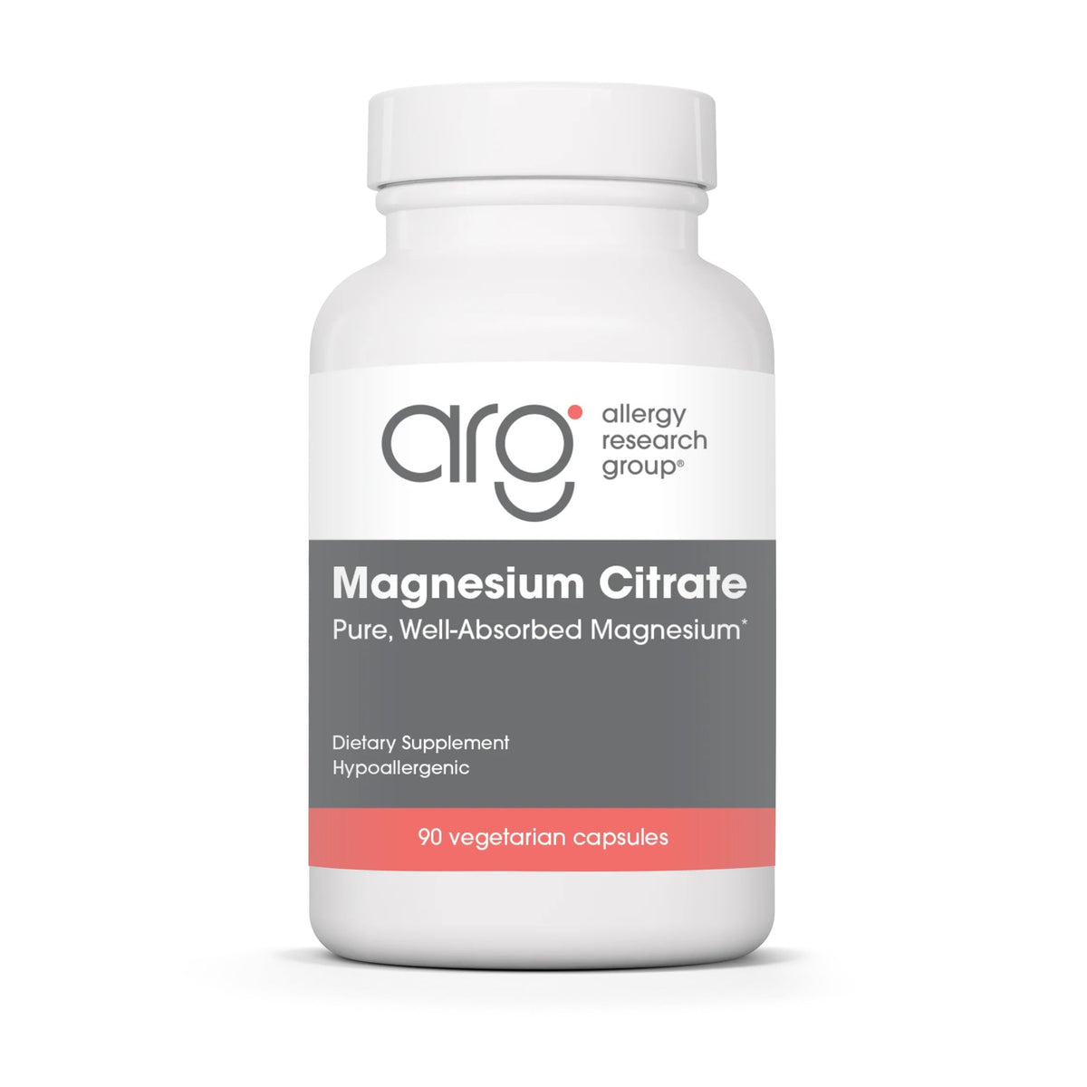 Allergy Research Group Nutricology Magnesium Citrate bottle highlighting gluten-free, hypoallergenic formula.