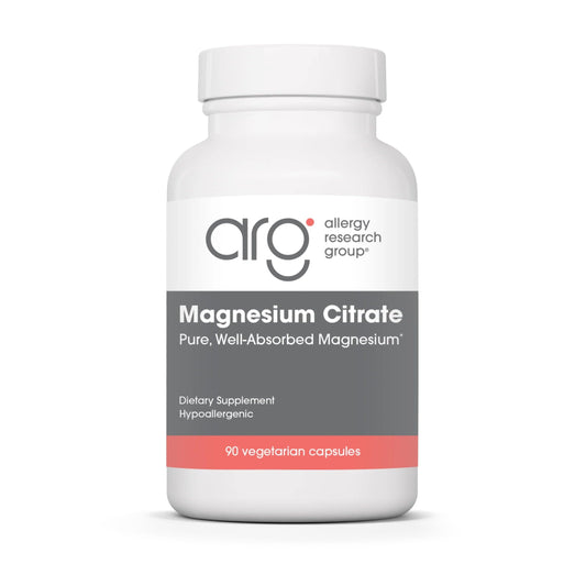 Allergy Research Group Nutricology Magnesium Citrate bottle highlighting gluten-free, hypoallergenic formula.