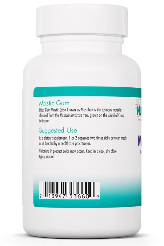NutriCology mastic gum capsules closeup highlighting vegetarian, hypoallergenic digestive health support