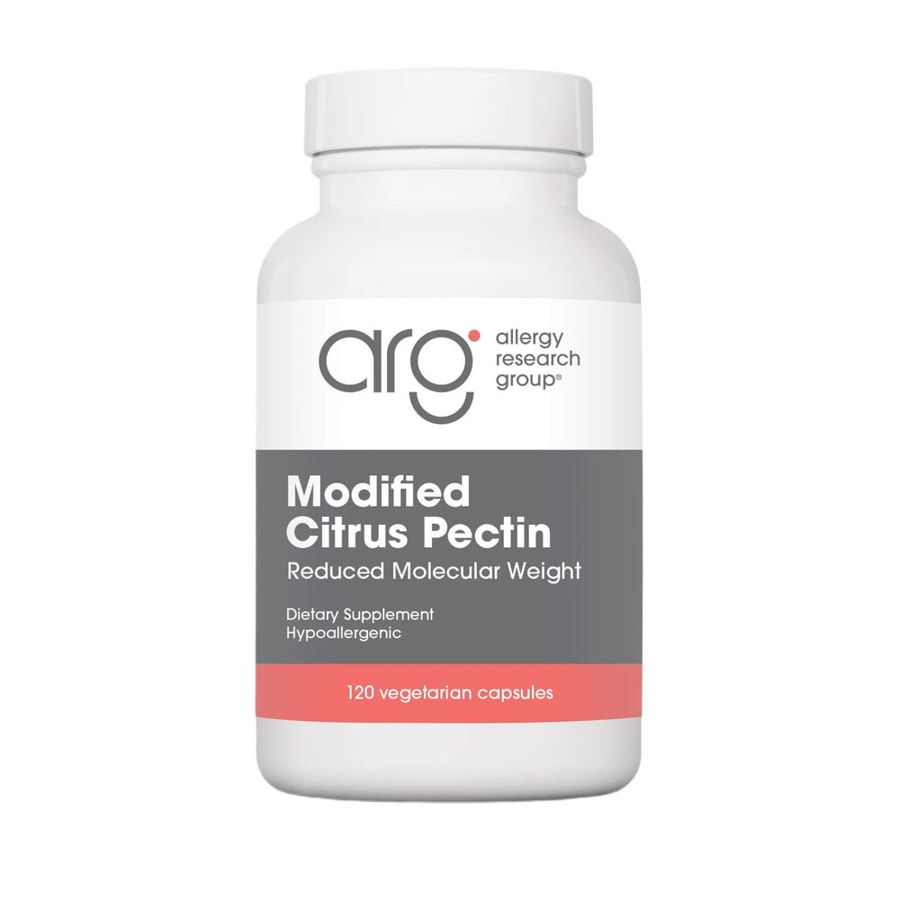 Allergy Research Group Nutricology Modified Citrus Pectin bottle front showing compact capsules for gut support.
