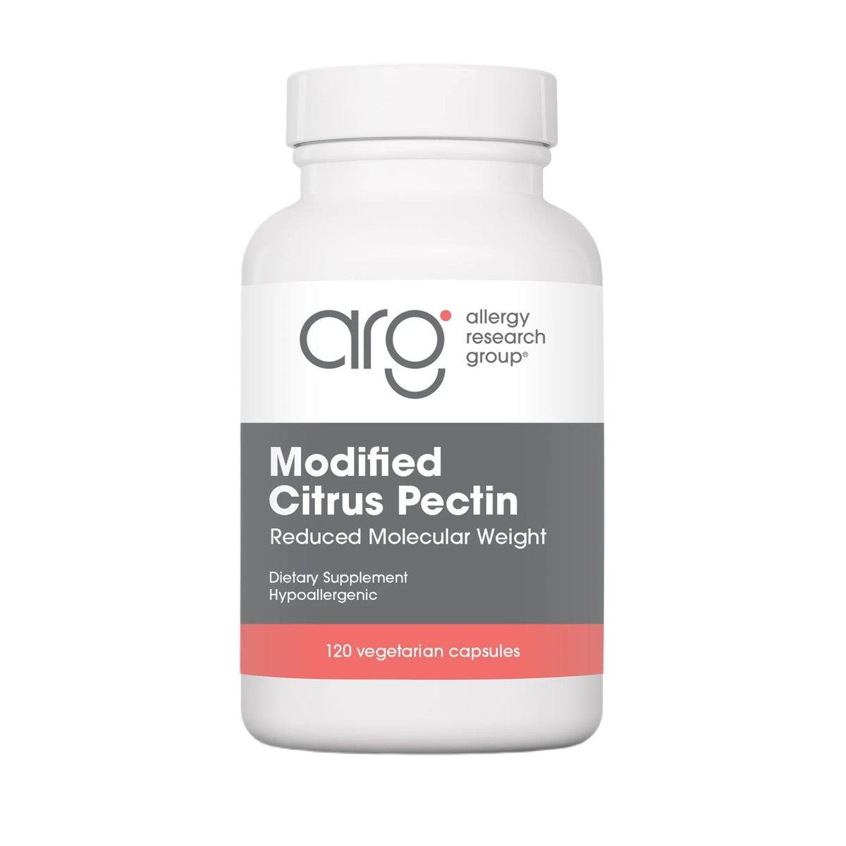 Allergy Research Group Nutricology Modified Citrus Pectin bottle front showing compact capsules for gut support.