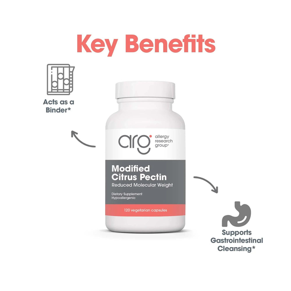 Modified Citrus Pectin label closeup illustrating reduced molecular weight for better absorption.