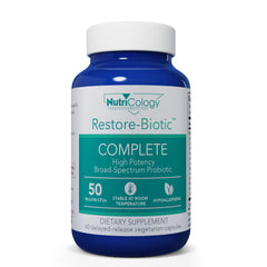 Allergy Research Group Nutricology Restore-Biotic Complete bottle shows high-potency probiotic