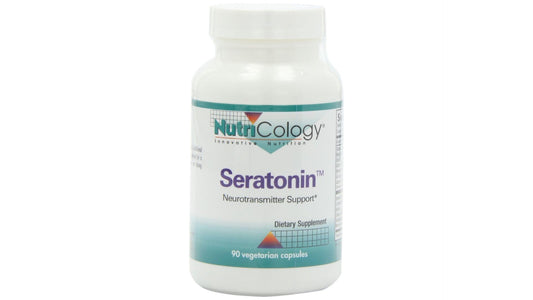 Allergy Research Group Nutricology Seratonin supplement bottle on shelf promoting calm mood and balanced sleep
