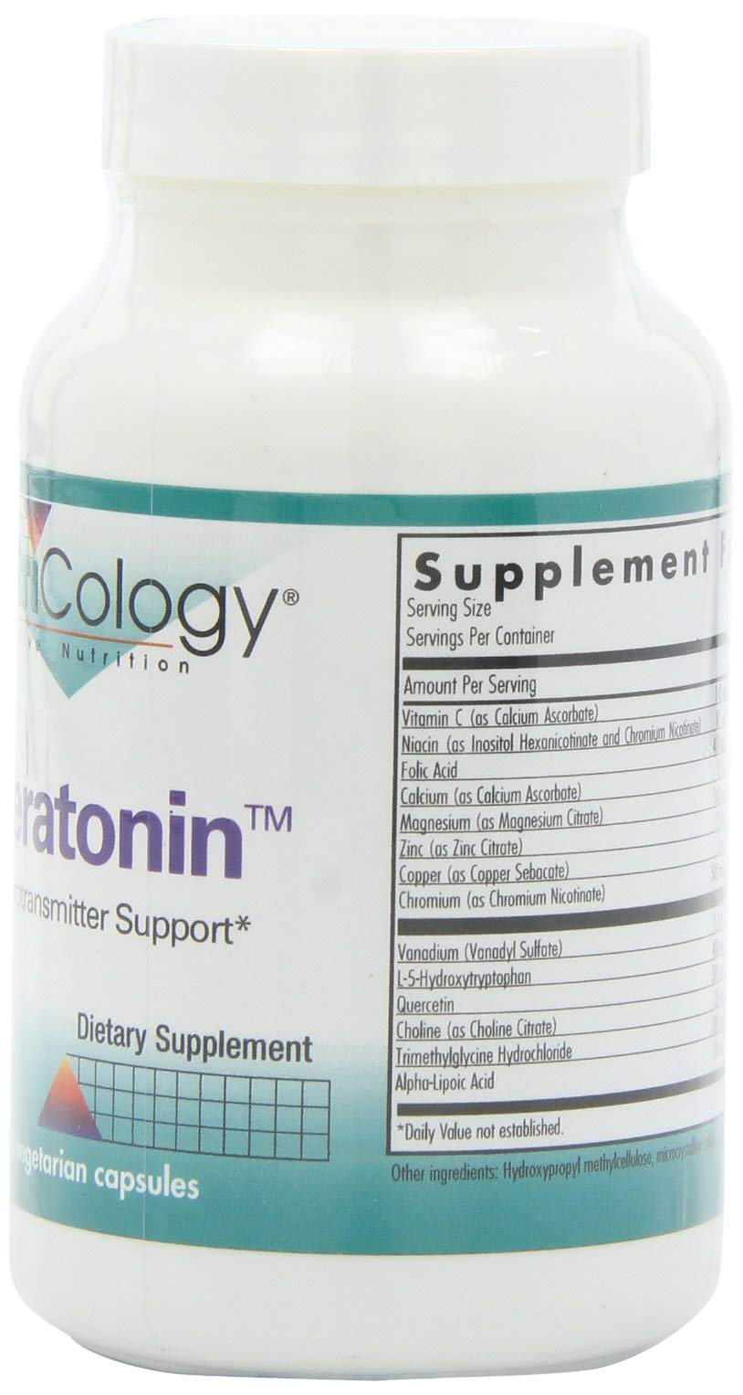 Close-up of Nutricology Seratonin capsules highlighting vegetarian formula for daily stress support