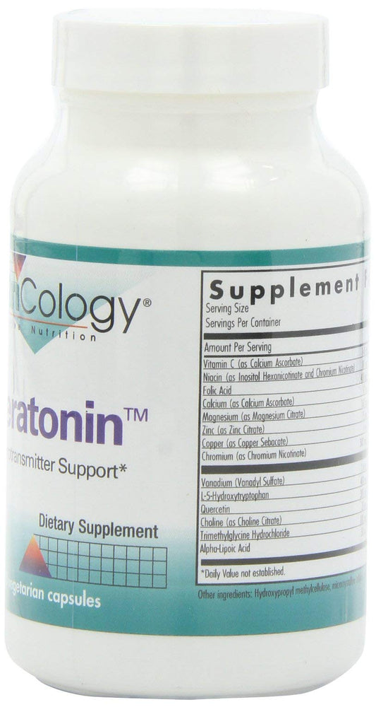 Close-up of Nutricology Seratonin capsules highlighting vegetarian formula for daily stress support