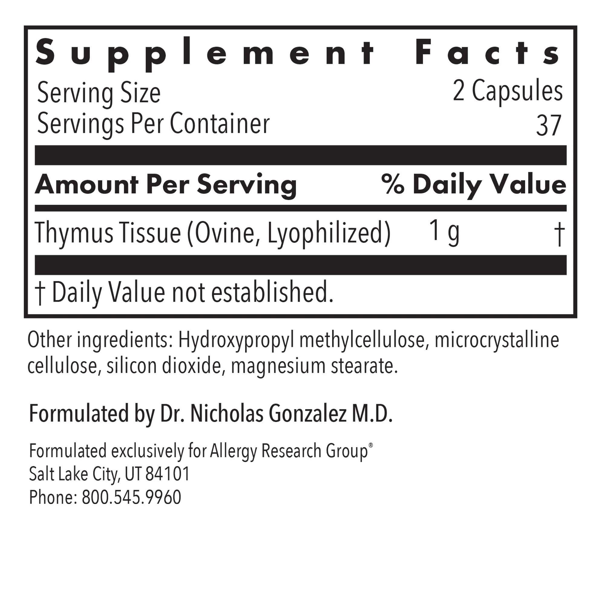 Nutricology Thymus Supplement label close-up highlighting 1000 mg glandular extract
