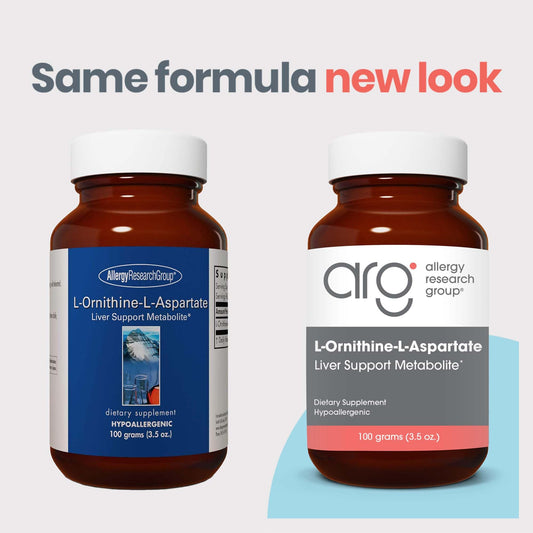 Allergy Research Group ornithine aspartate powder with teaspoon shows precise dosing convenience.