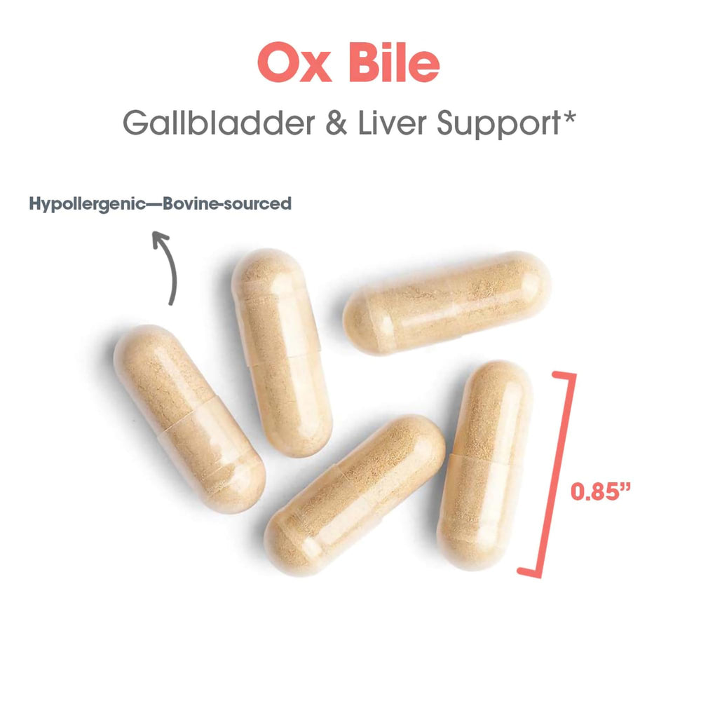 Bottle with measuring spoon and dosage guidance for OxBile 125mg