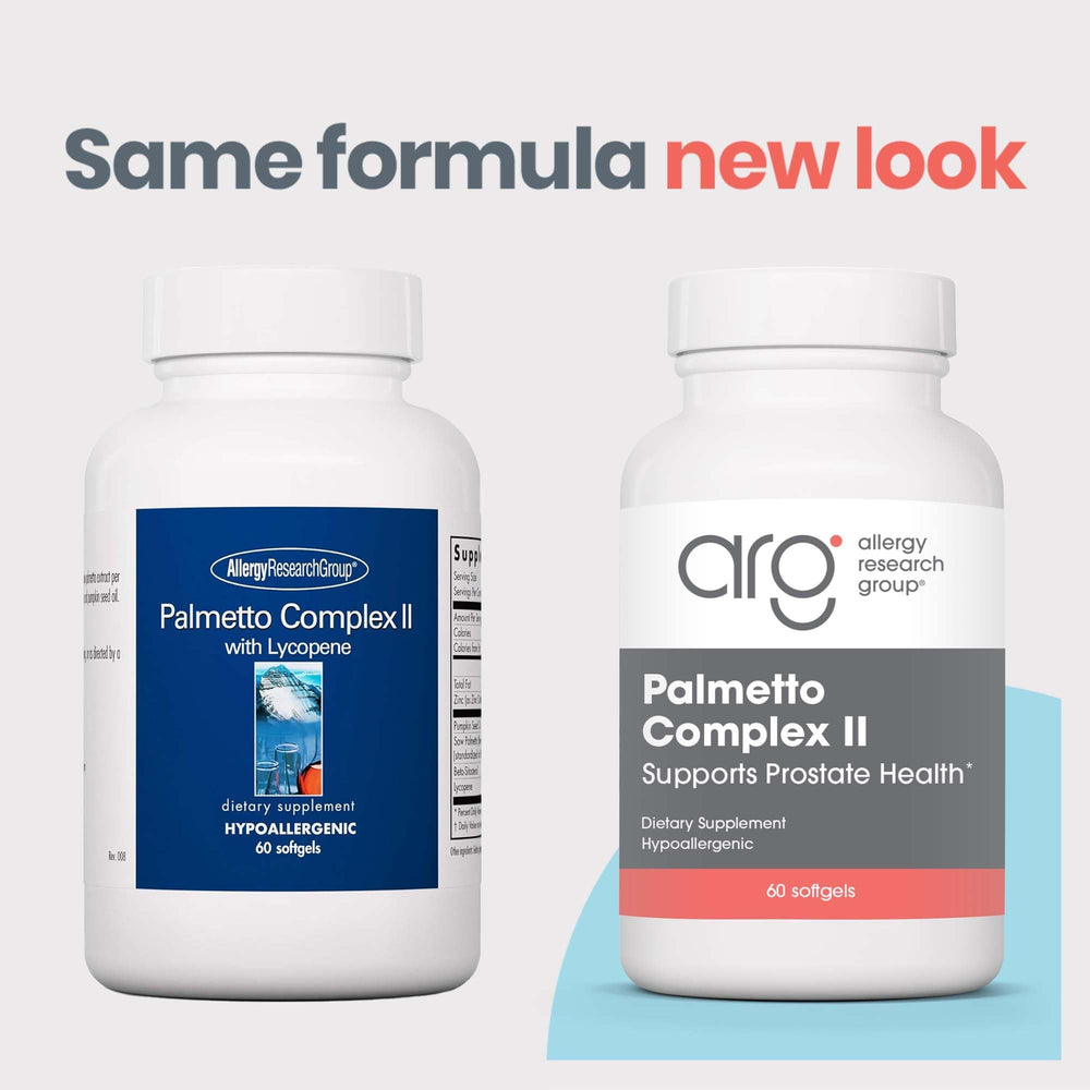 Allergy Research Group Palmetto Complex II softgels ready for evening routine.