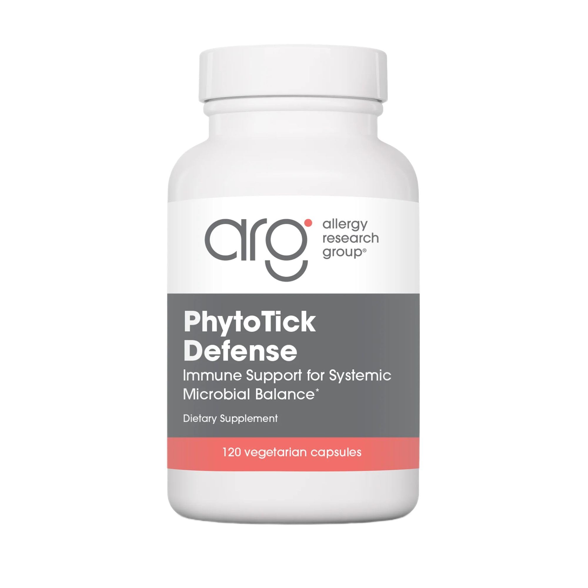Allergy Research Group Phyto Tick Defense bottle label with mushroom complex capsules for daily immune support.