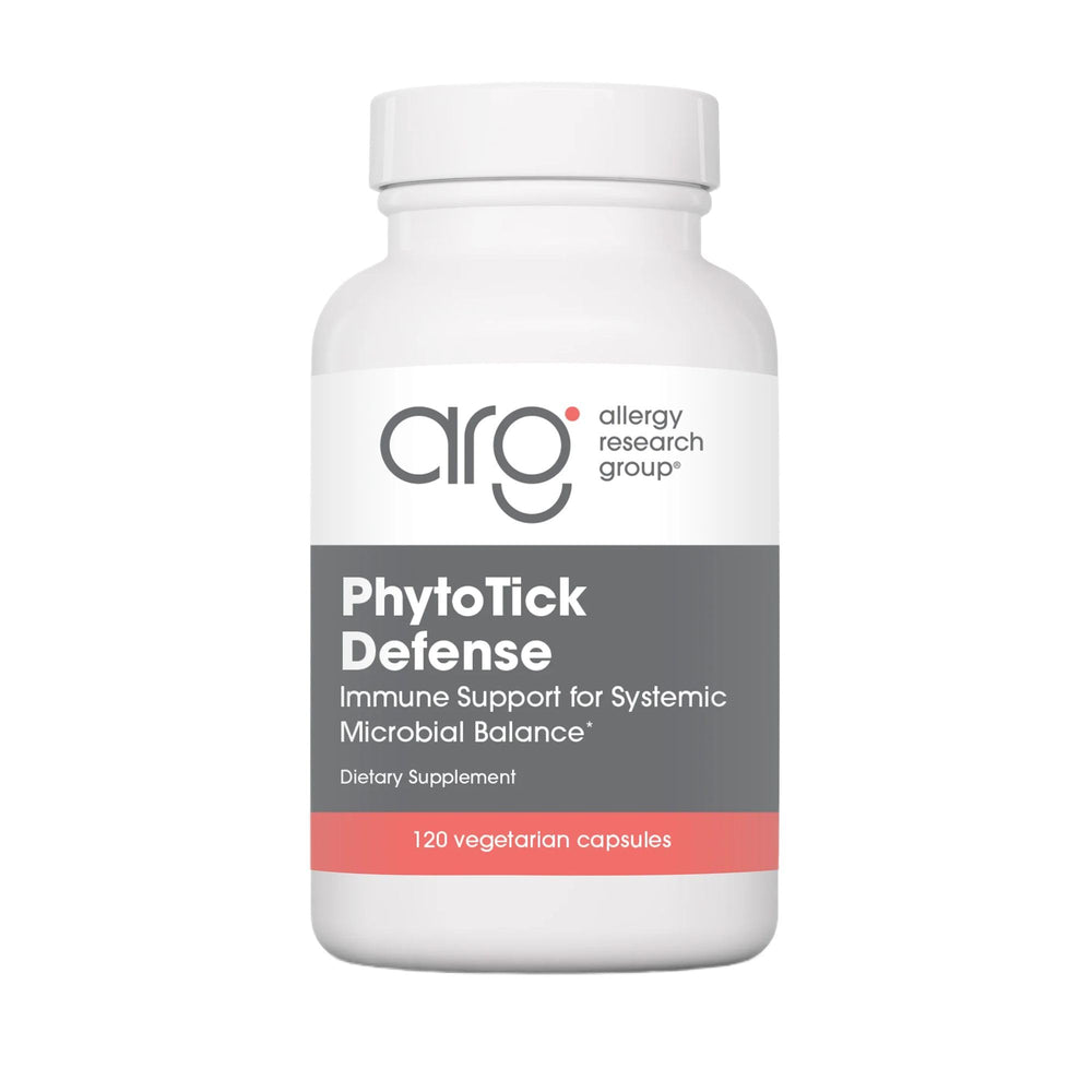 Allergy Research Group Phyto Tick Defense bottle label with mushroom complex capsules for daily immune support.