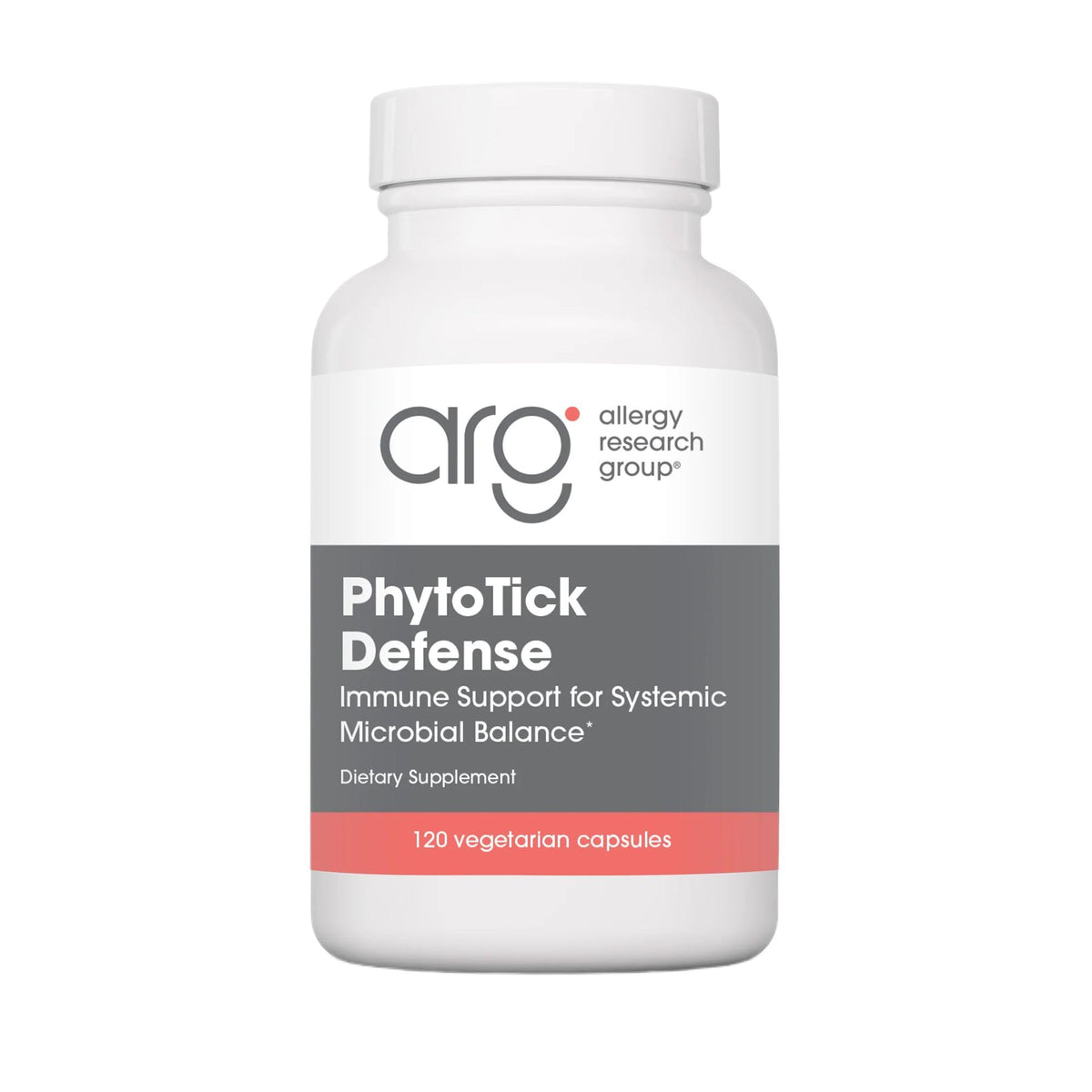 Allergy Research Group Phyto Tick Defense bottle label with mushroom complex capsules for daily immune support.