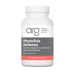 Allergy Research Group Phyto Tick Defense bottle label with mushroom complex capsules for daily immune support.