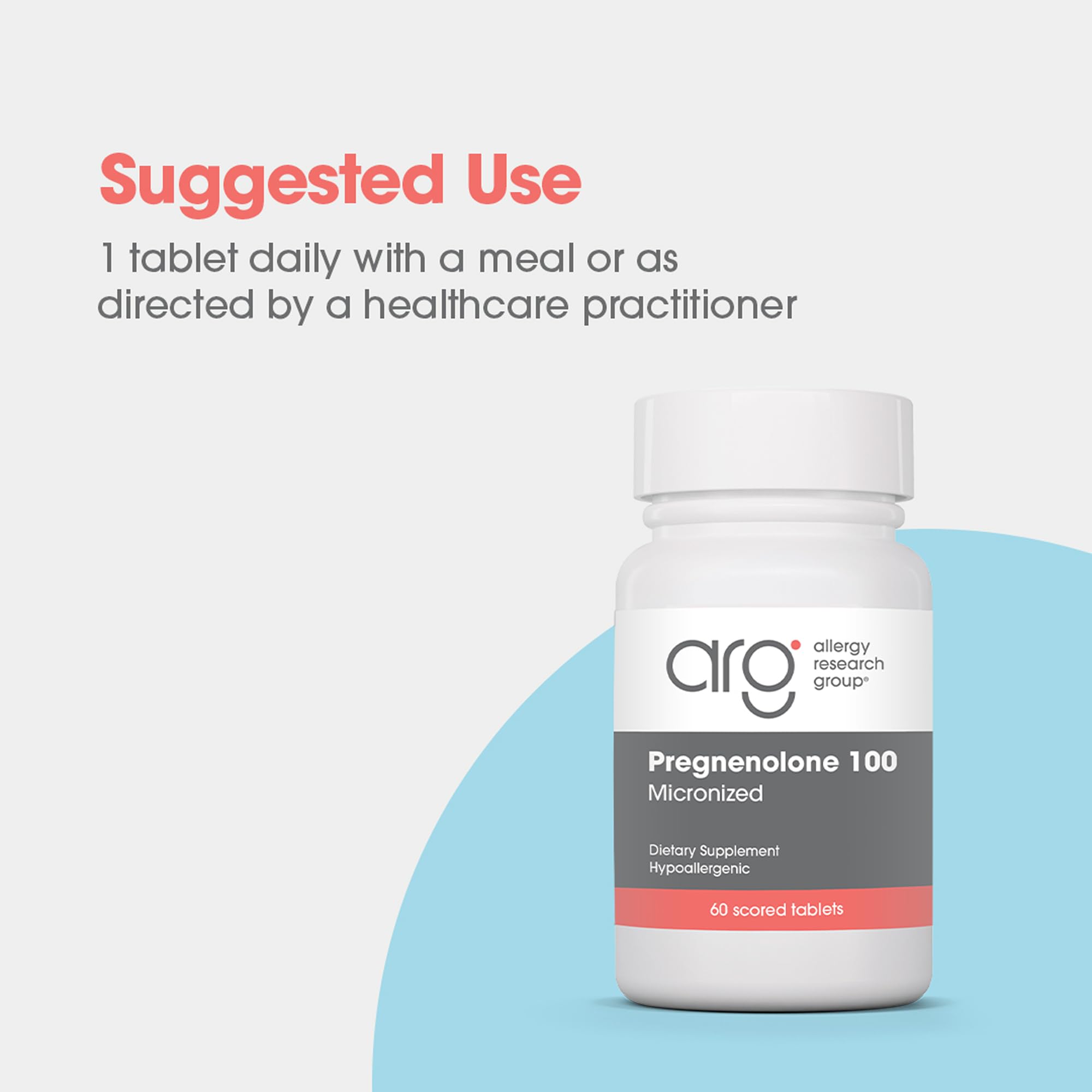 Allergy Research Group Pregnenolone bottle label shows 60 servings and quality standards.