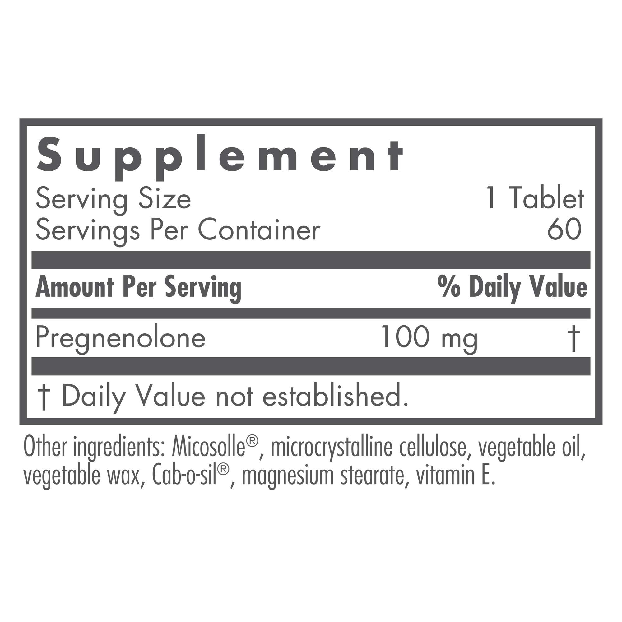 Allergy Research Group bottle label featuring pregnenolone, non-GMO wild yam origins.
