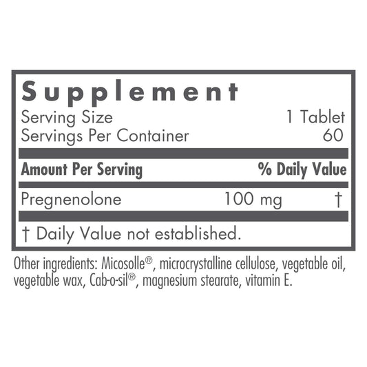 Allergy Research Group bottle label featuring pregnenolone, non-GMO wild yam origins.