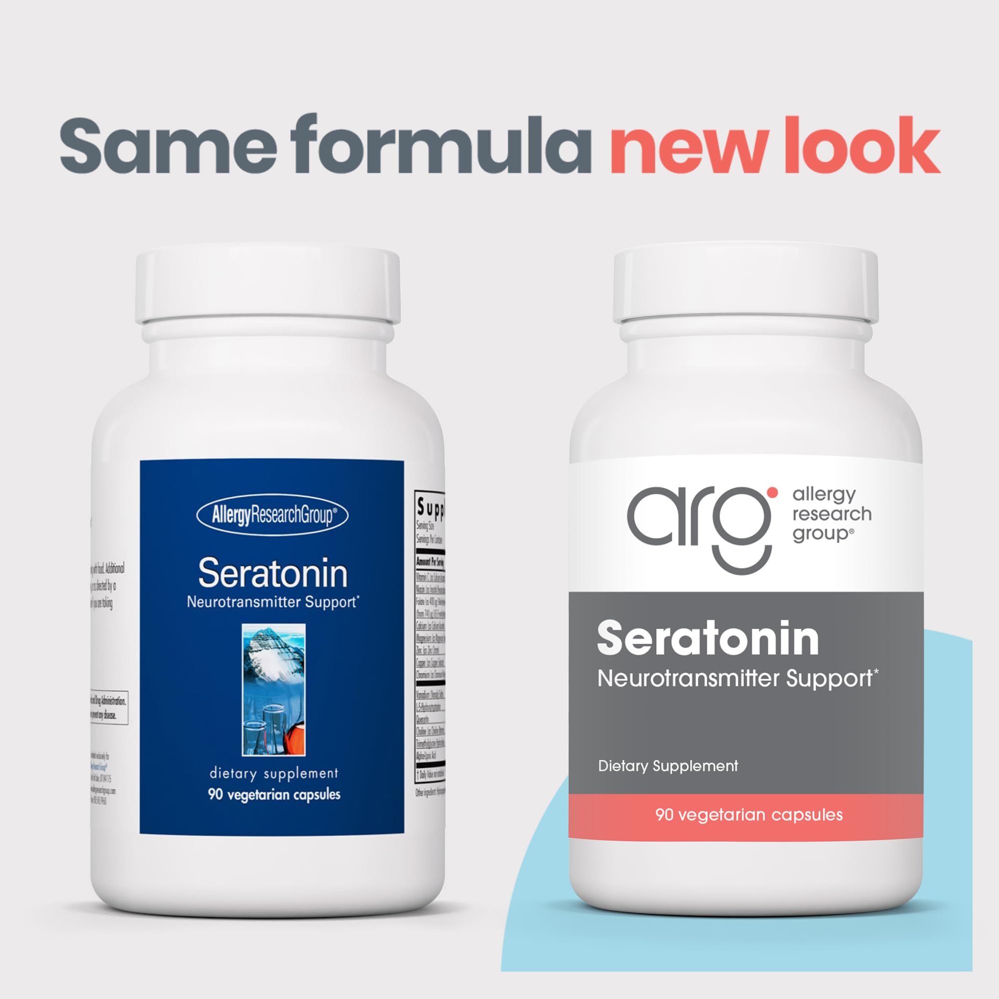 Allergy Research Group Seratonin capsules close-up highlighting 5-HTP content for relaxation