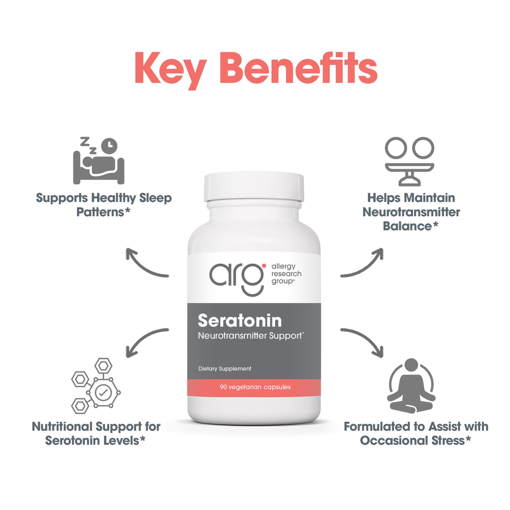 Allergy Research Group Seratonin label close-up emphasizing purity and essential nutrients