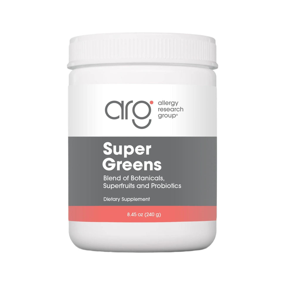 Allergy Research Group Super Greens bottle pouring for easy daily greens boost