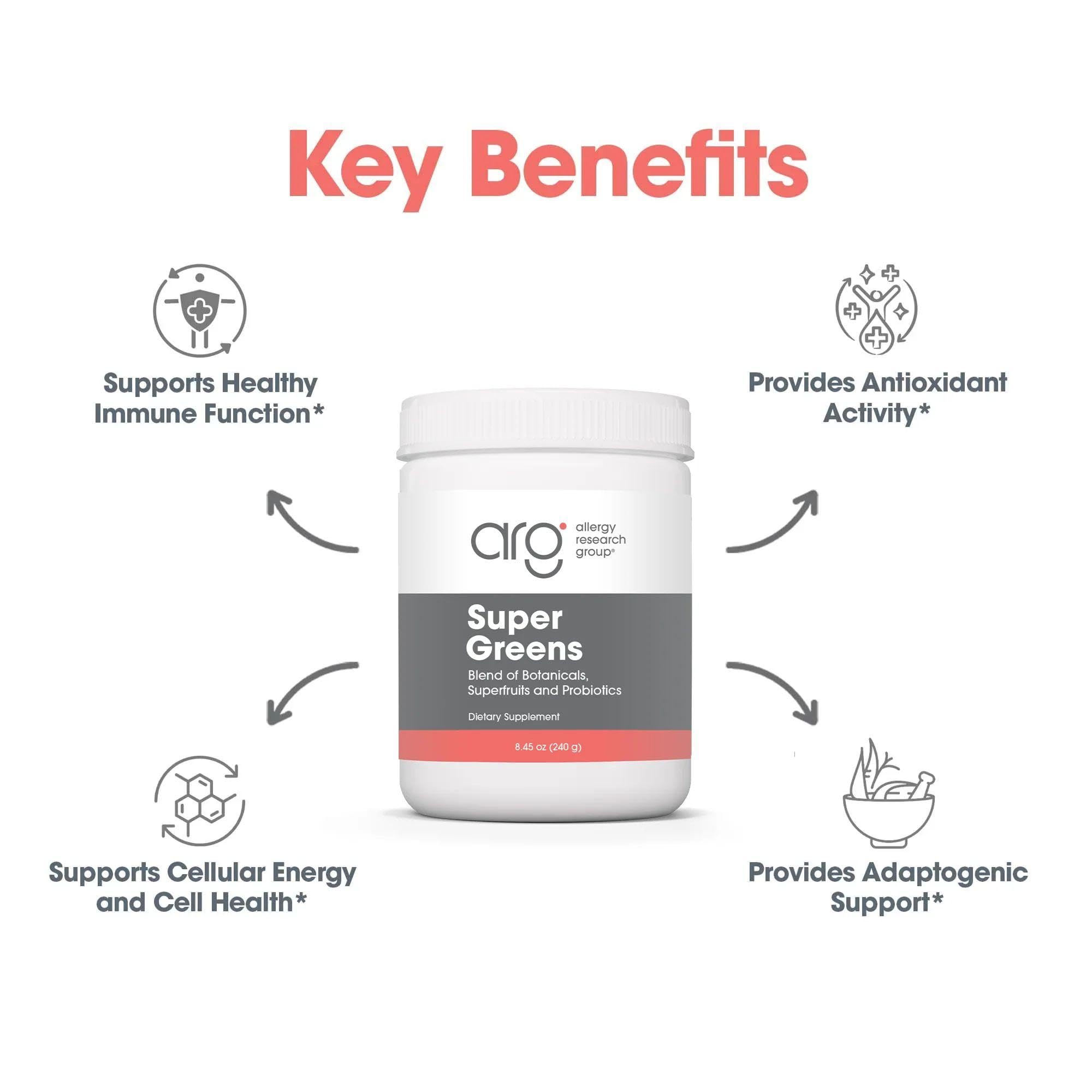 Allergy Research Group Super Greens glass with smoothie highlighting nutrient-rich greens