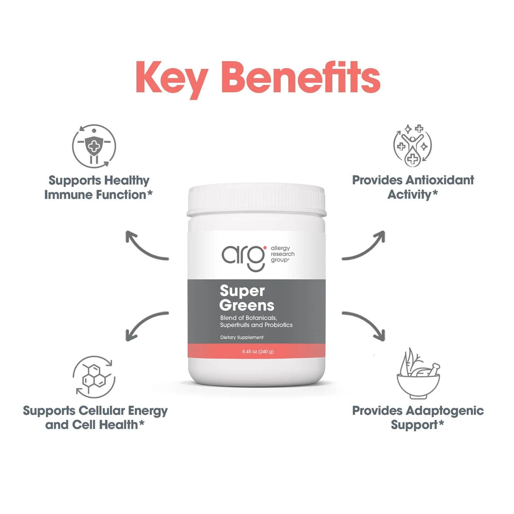Allergy Research Group Super Greens glass with smoothie highlighting nutrient-rich greens