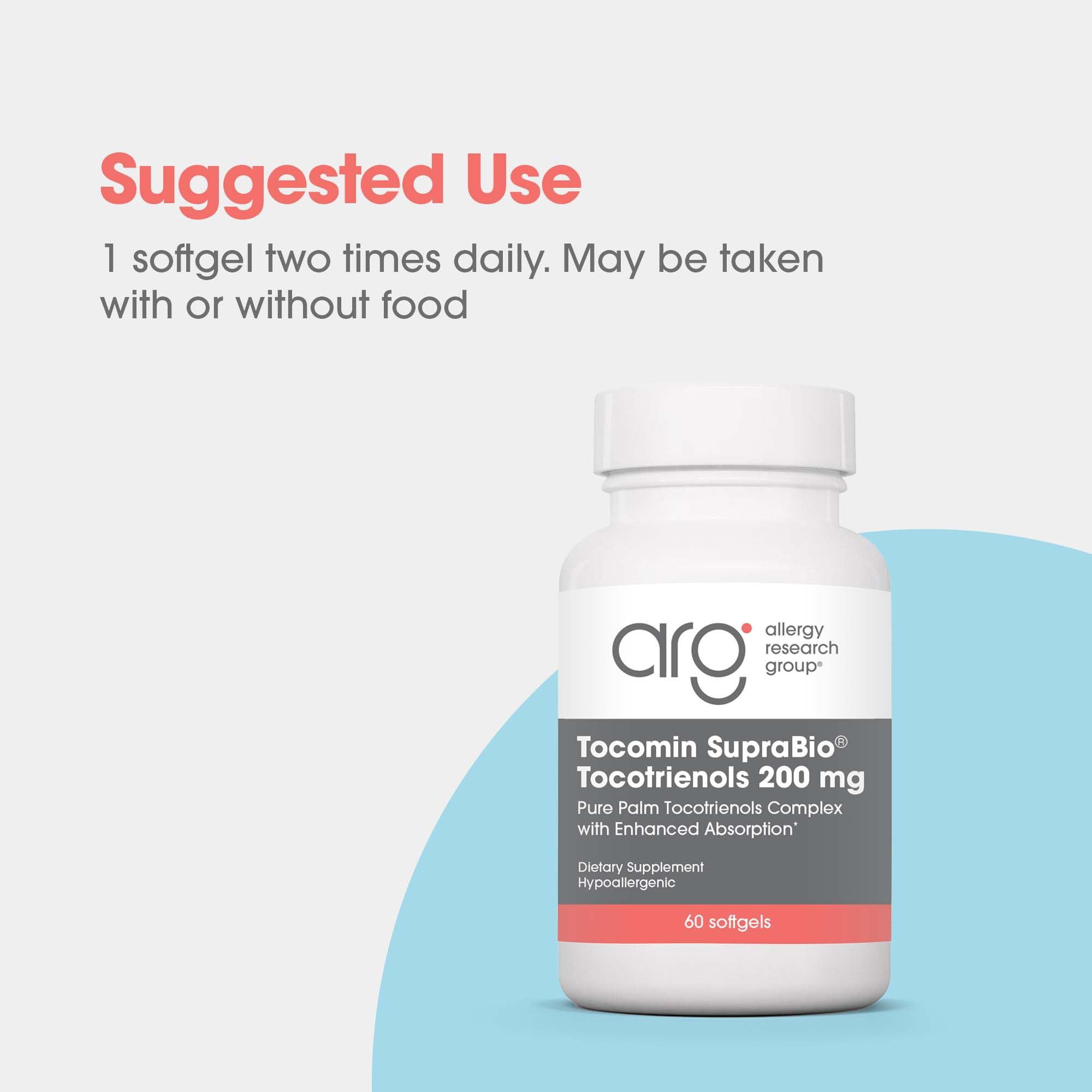 Allergy Research Group Tocomin SupraBio 60-count bottle with Suprabio label.