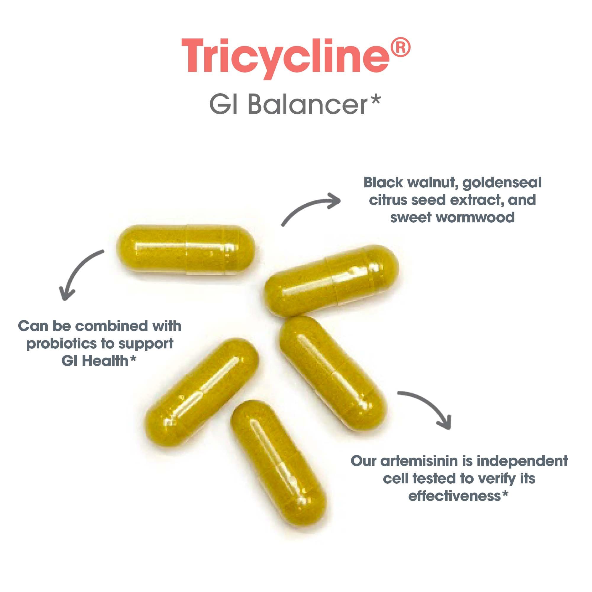 Artemisinin component in Tricycline shown with other botanicals for gut support.
