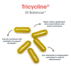Artemisinin component in Tricycline shown with other botanicals for gut support.