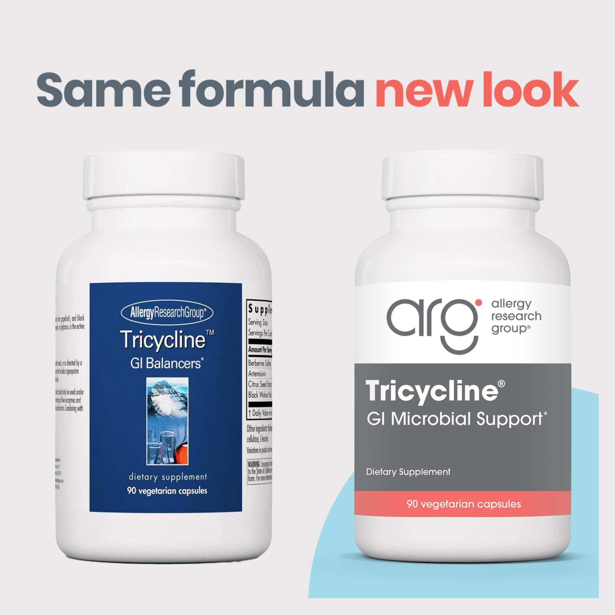 Tricycline capsules showing gluten-free vegetarian gut-supporting formula.