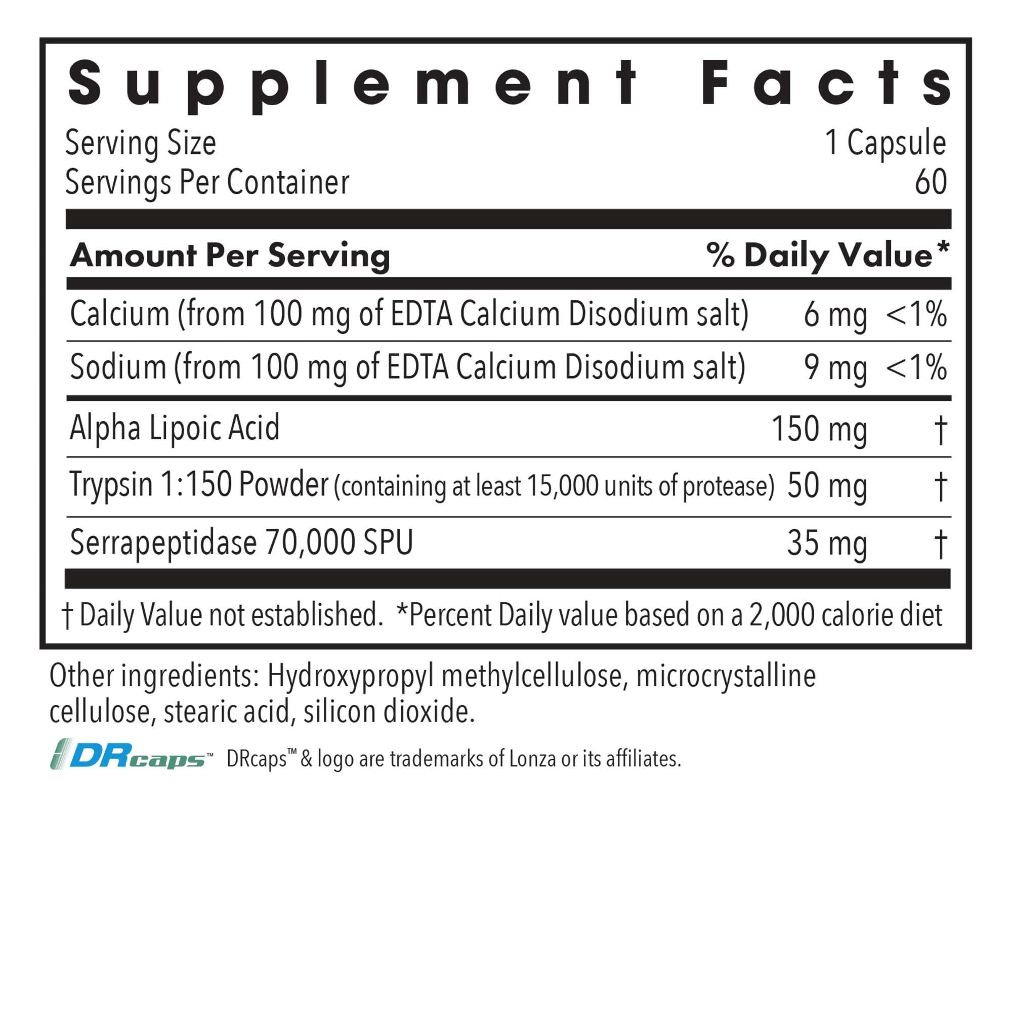 Allergy Research Group trypsin serrapeptase capsules illustrating proteolytic action for protein breakdown.