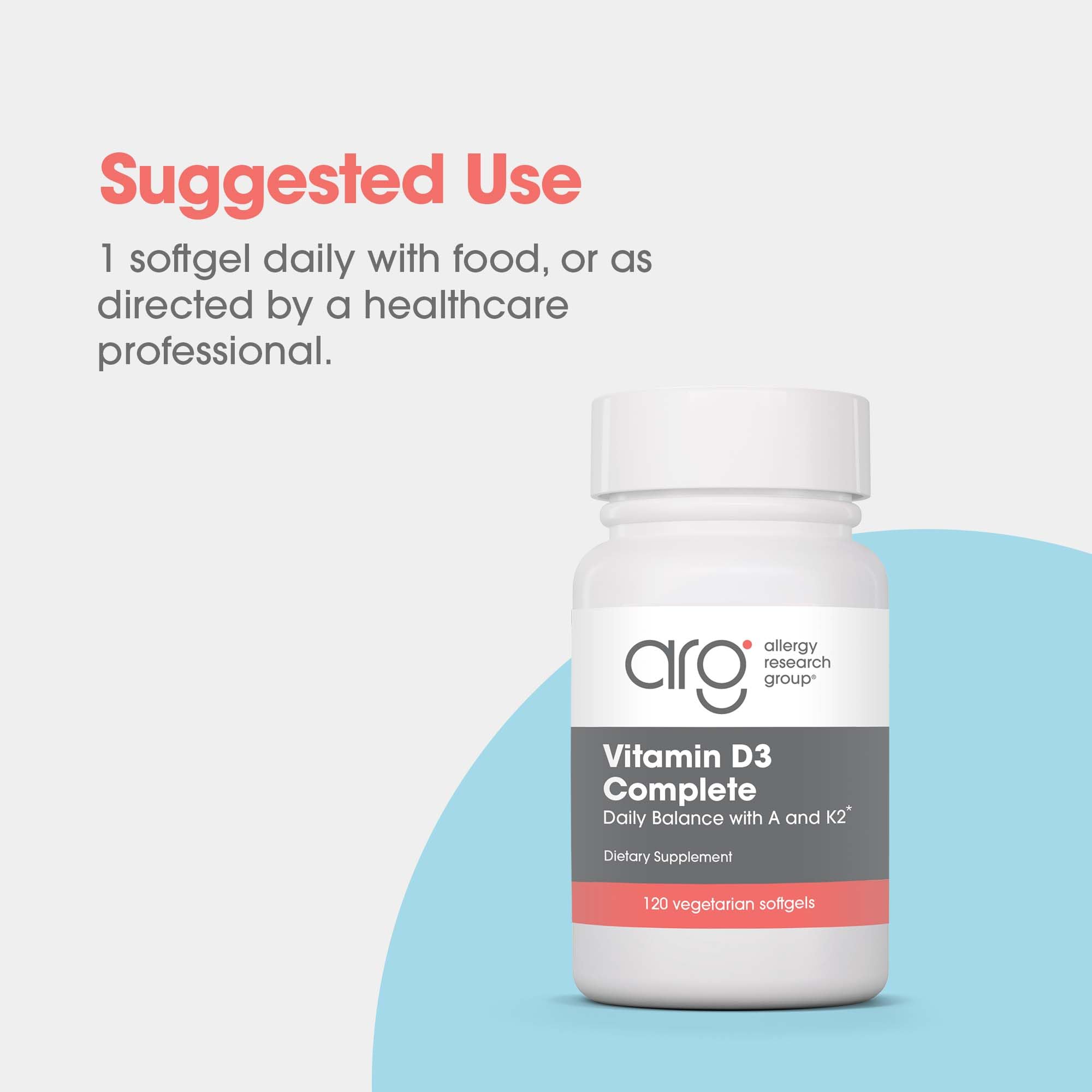 Allergy Research Group Vitamin D3 Complete bottle in hand conveys convenient daily use.