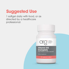 Allergy Research Group Vitamin D3 Complete bottle in hand conveys convenient daily use.