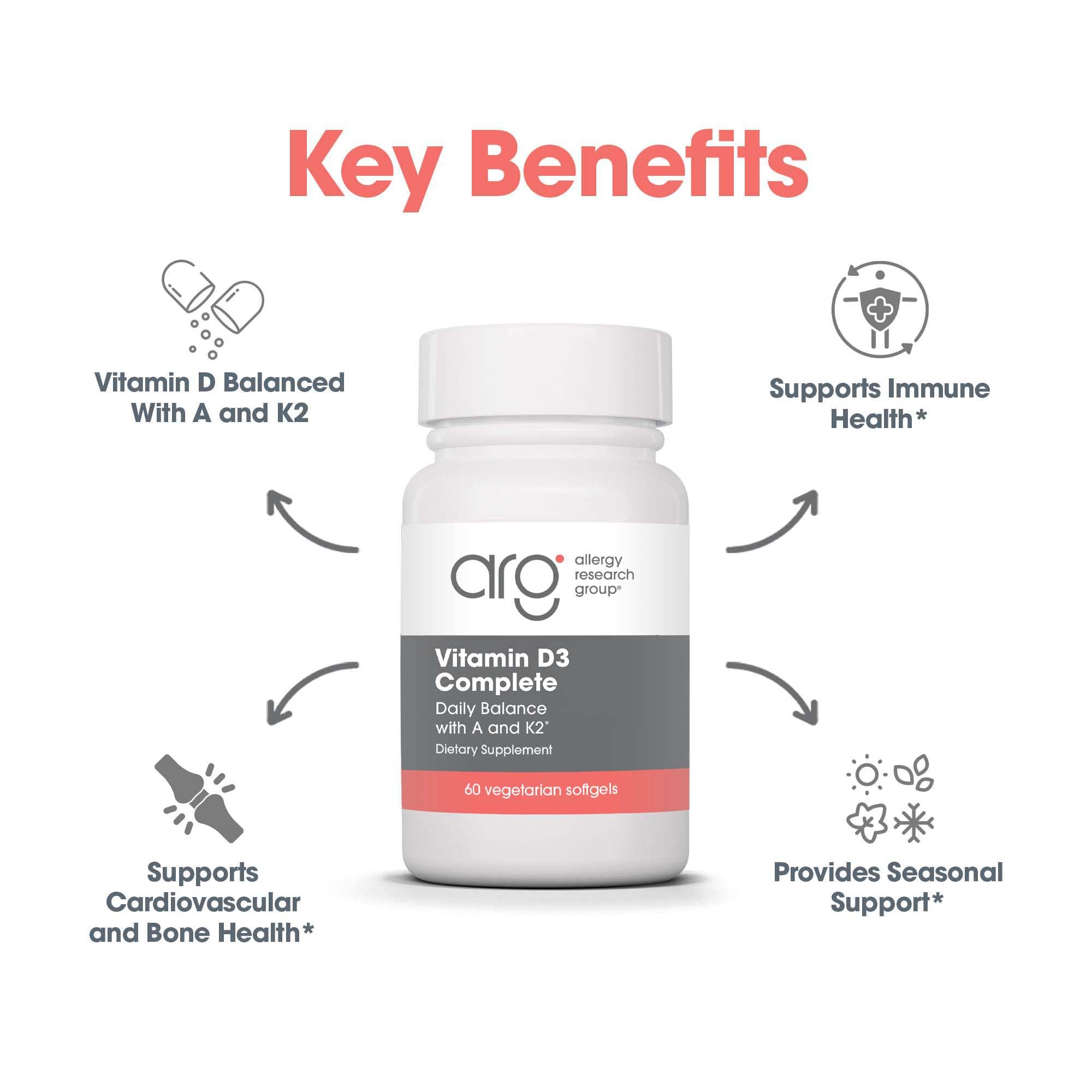 Daily-use scene with Allergy Research Group Vit D3 Complete bottle.