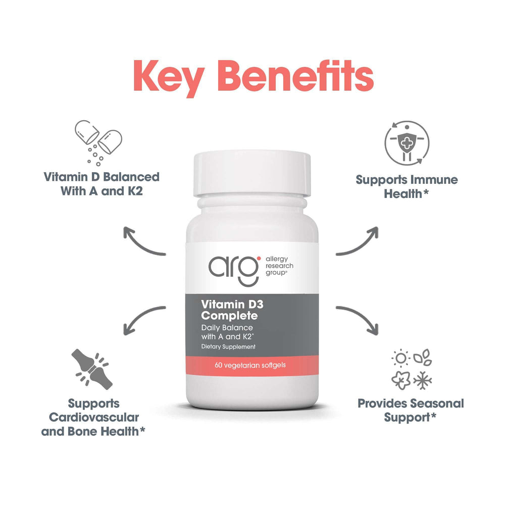 Daily-use scene with Allergy Research Group Vit D3 Complete bottle.