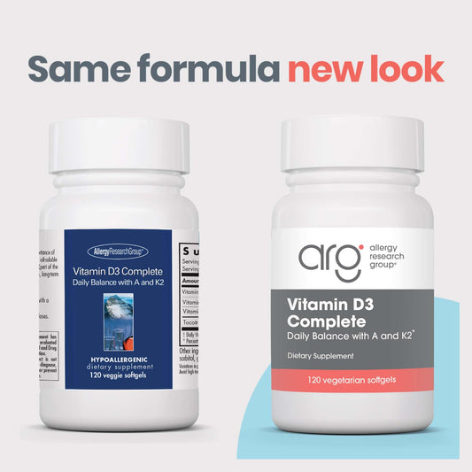 Allergy Research Group Vitamin D3 Complete veggie softgels promote vegetarian-friendly supplementation.