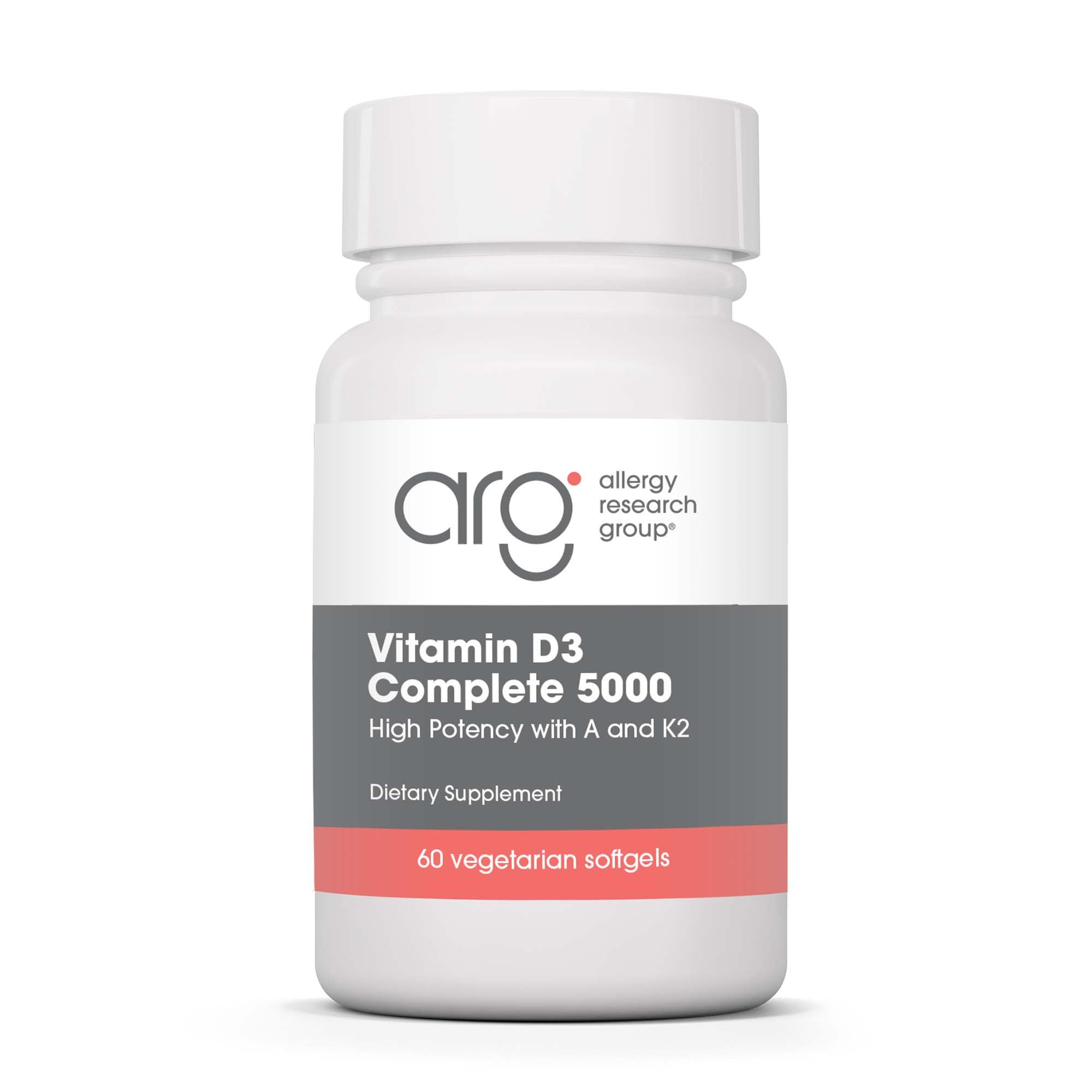 Allergy Research Group Vitamin D3 Complete bottle with 60 capsules for daily use.