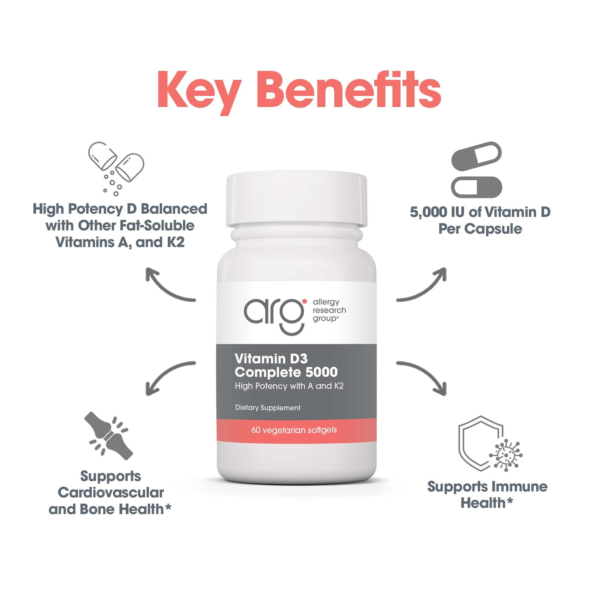 Allergy Research Group Vitamin D3 Complete bottle and capsules on a kitchen counter.